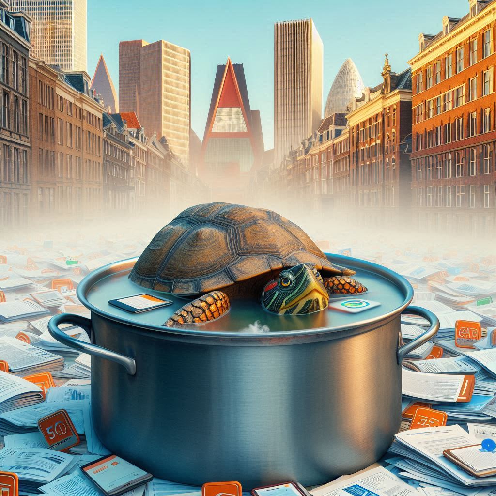 voorkant van rapport schildpaddensoep: soeppan met documenten en een schildpad