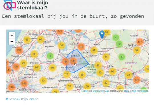 Het aantal stemlokalen op de kaart van Nederland